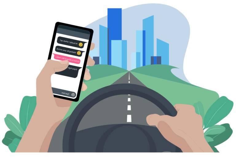 Cartoon image of hand on steering wheel of car and another hand holding a smart phone, driving down the road with cityscape in background